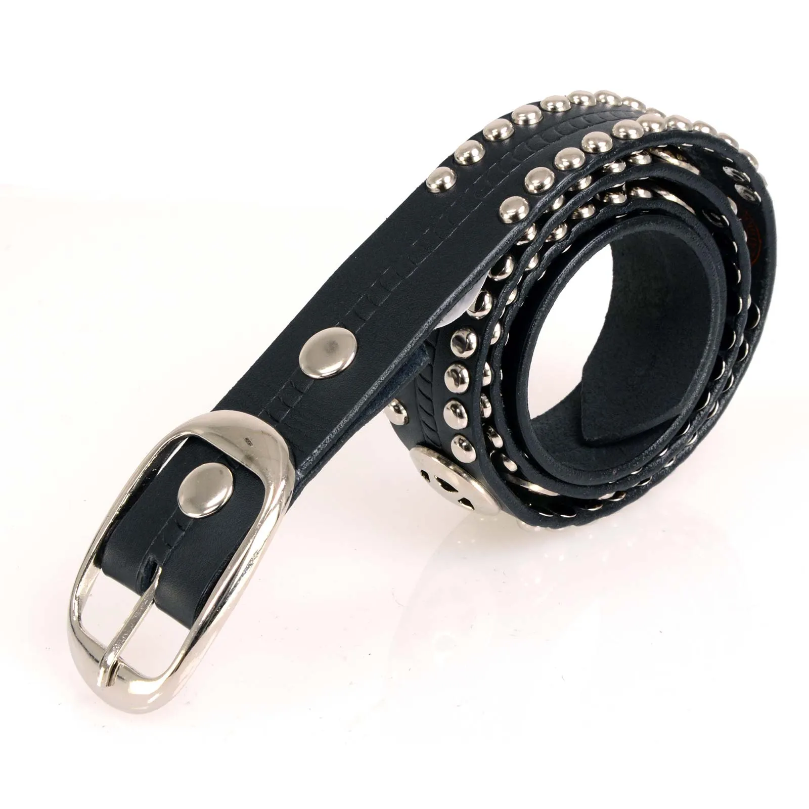 Milwaukee Leather MP7131 Men's Chrome Studded w/ Star Emblem Black Leather Biker Belt w/ Interchangeable Buckle -1.5 in Wide