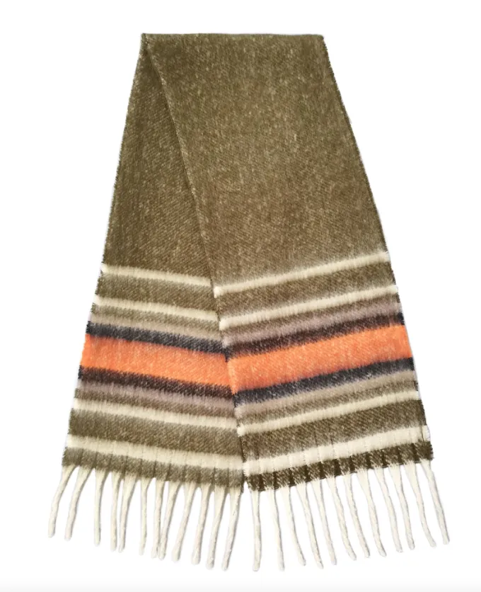 Multi Stripe Cozy Scarf With Fringe - Olive