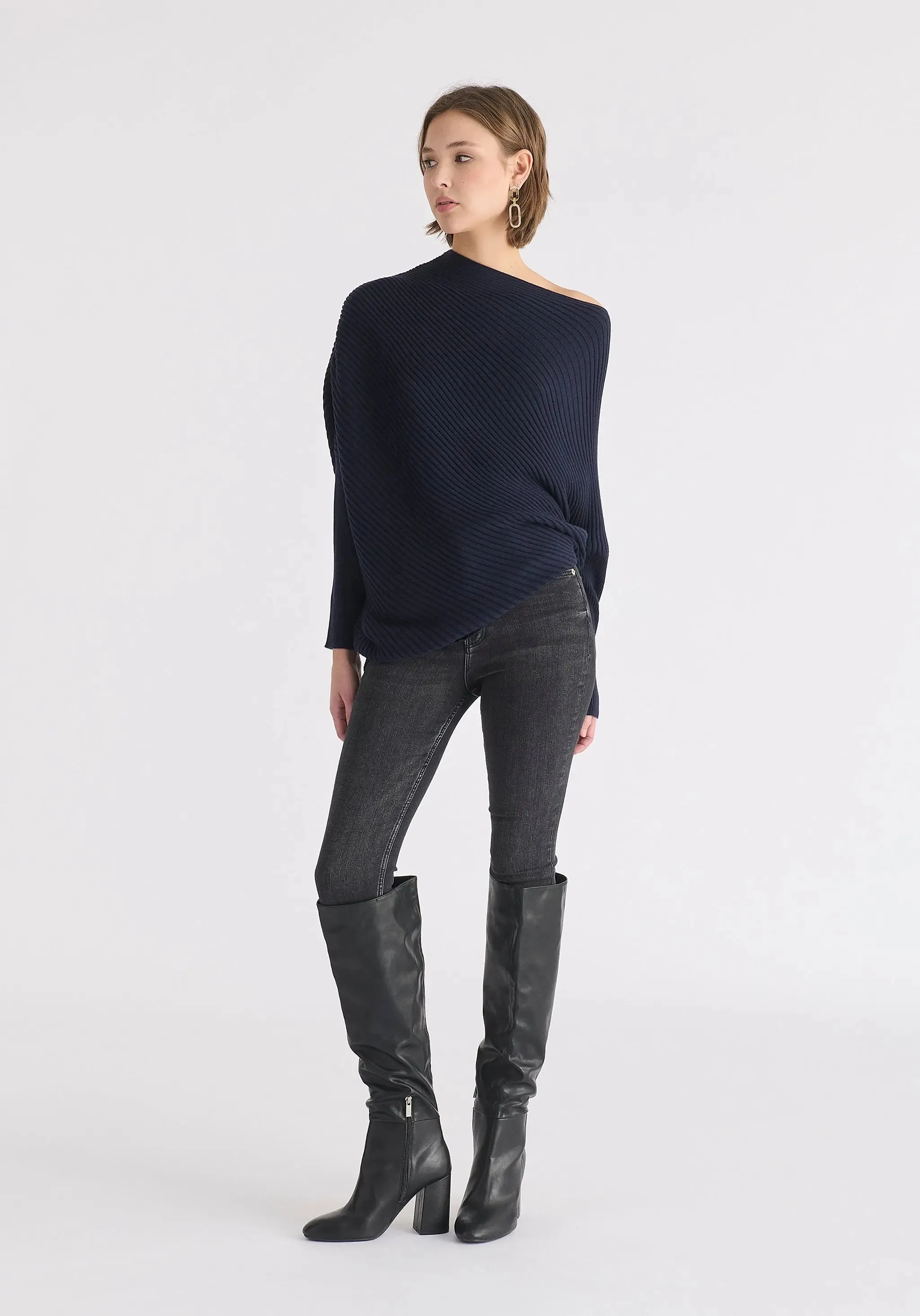 Navy Draped Knitted Jumper