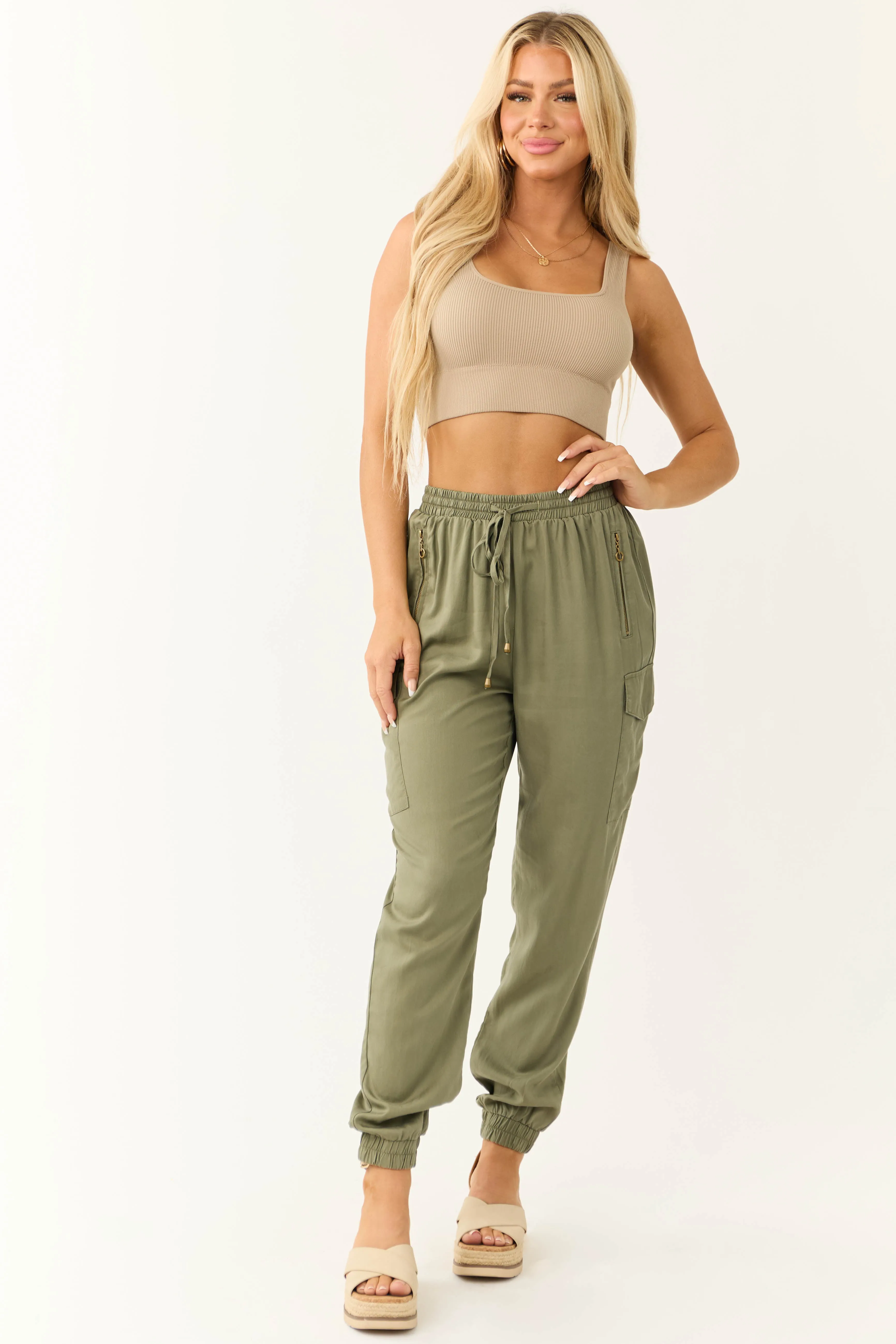 Olive Smocked Drawstring Waistband Joggers