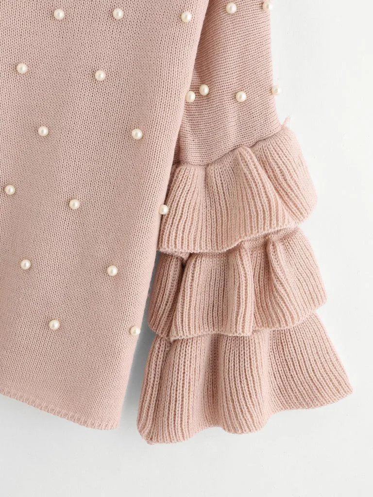 Pearl Beaded Layered Ruffle Sleeve Jumper