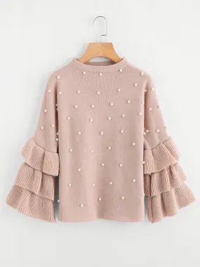 Pearl Beaded Layered Ruffle Sleeve Jumper