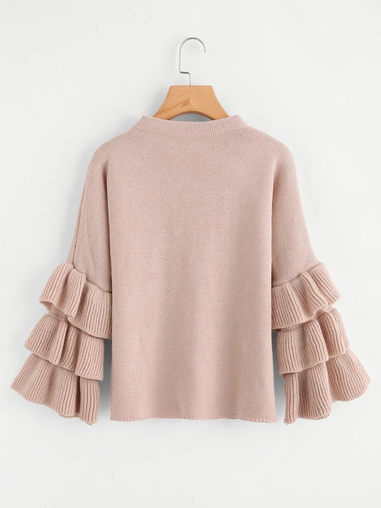 Pearl Beaded Layered Ruffle Sleeve Jumper