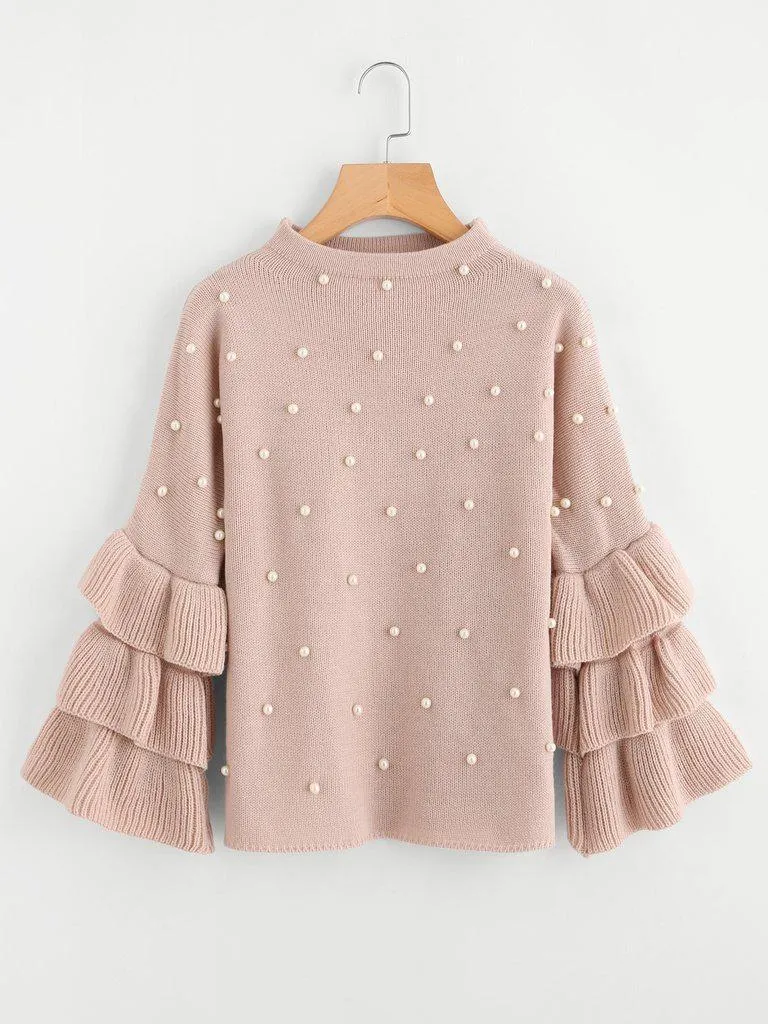 Pearl Beaded Layered Ruffle Sleeve Jumper