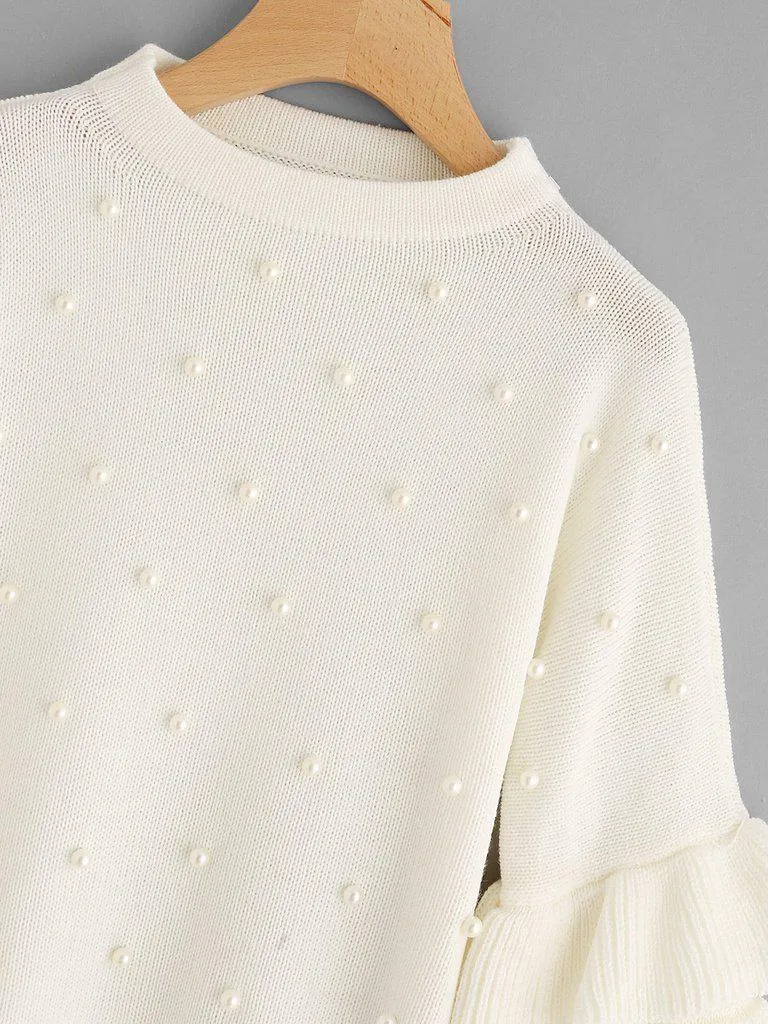 Pearl Beading Tiered Ruffle Sleeve Jumper