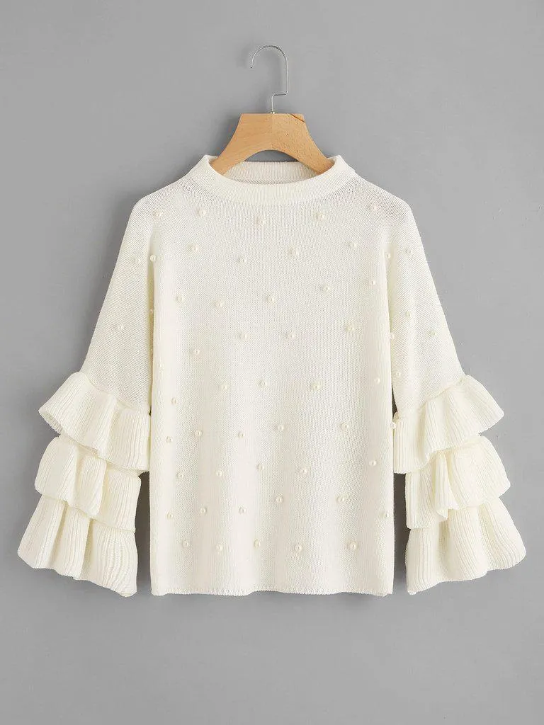 Pearl Beading Tiered Ruffle Sleeve Jumper