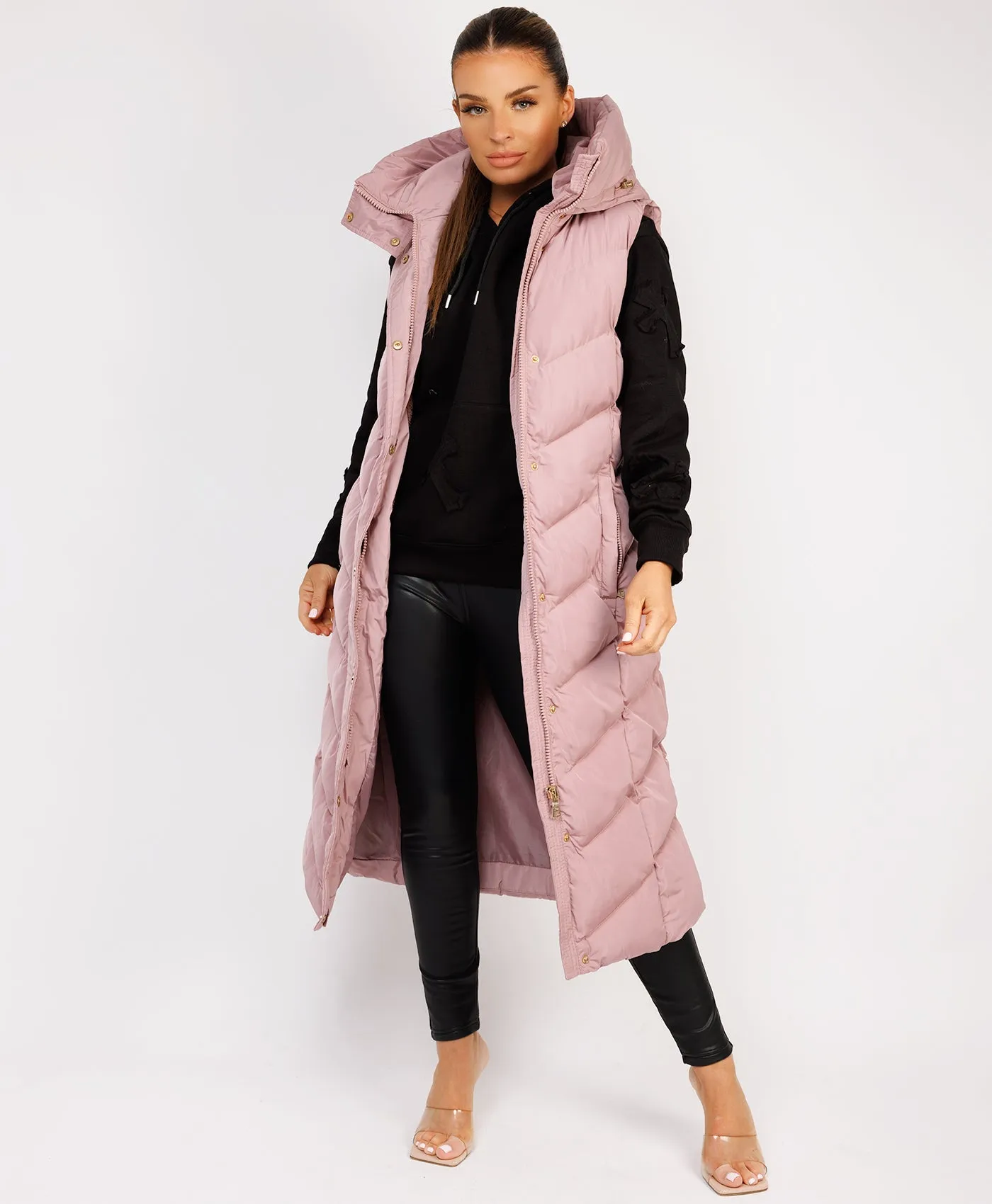 Pink Longline Chevron Padded Gilet Bodywarmer