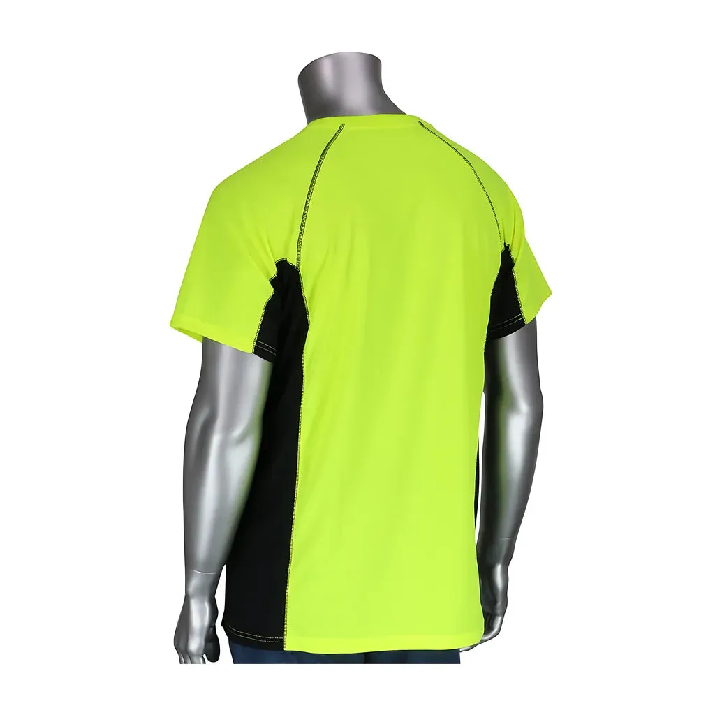 PIP 310-950B-LY/M Non-ANSI Short Sleeve T-Shirt with 50  UPF Sun Protection, Insect Repellent Treatment and Black Trim