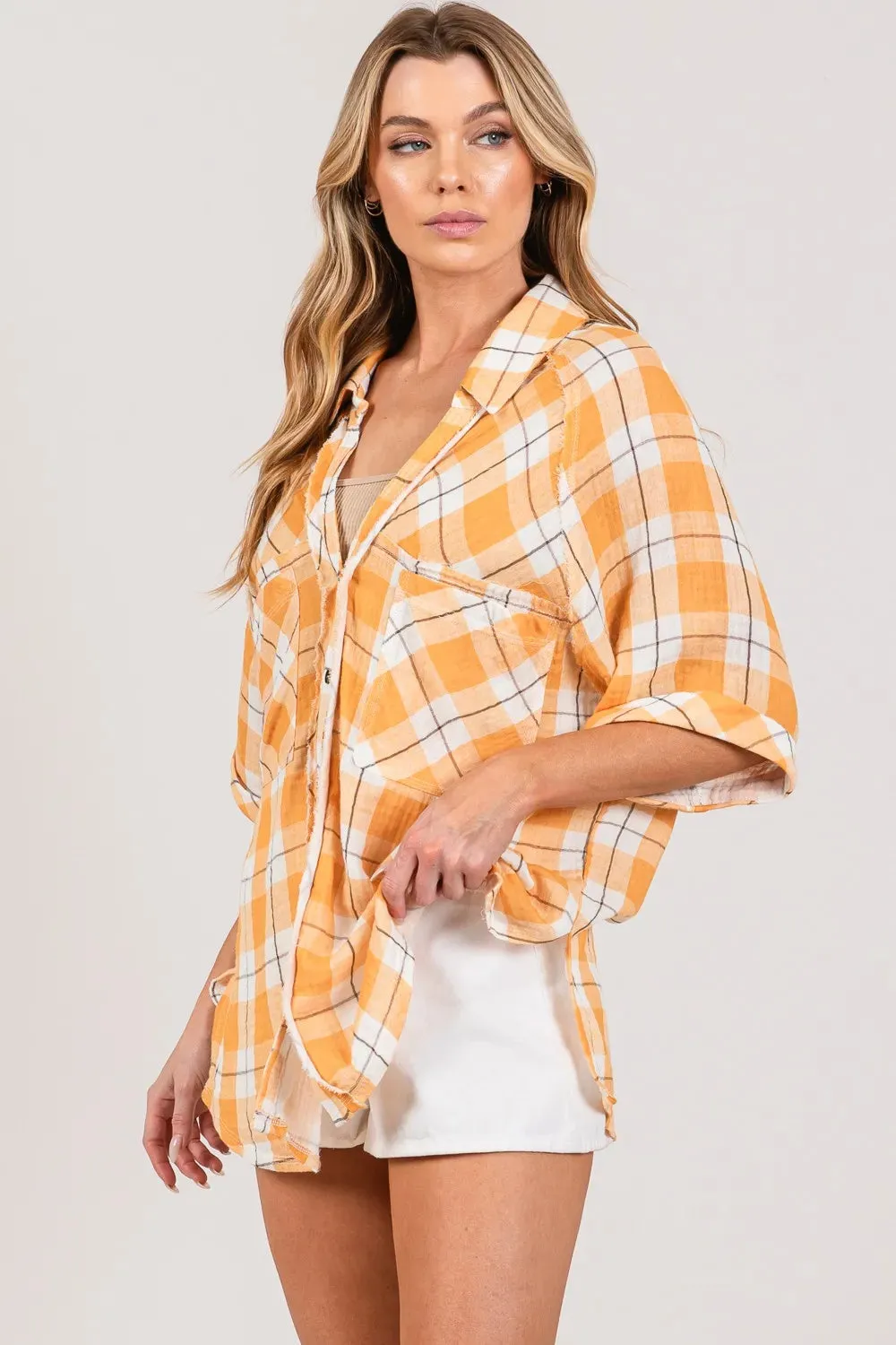 Plaid Button Up Side Slit Shirt