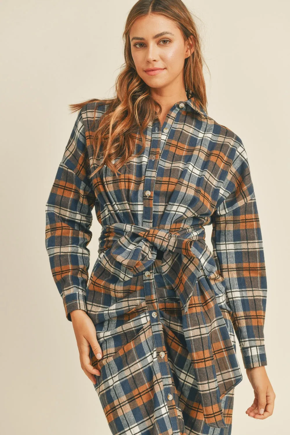 Plaid Flannel Front Tie Button Down Shirt Dress