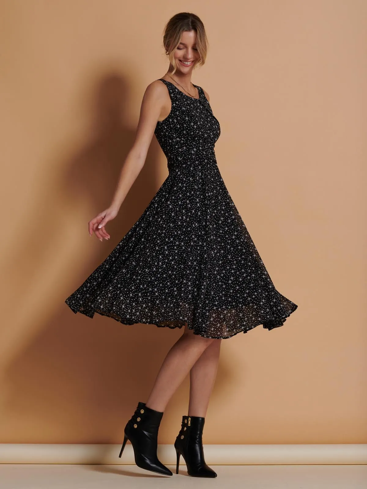 Printed Fit & Flare Dress, Black Star