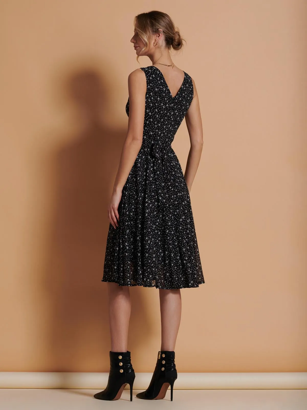 Printed Fit & Flare Dress, Black Star