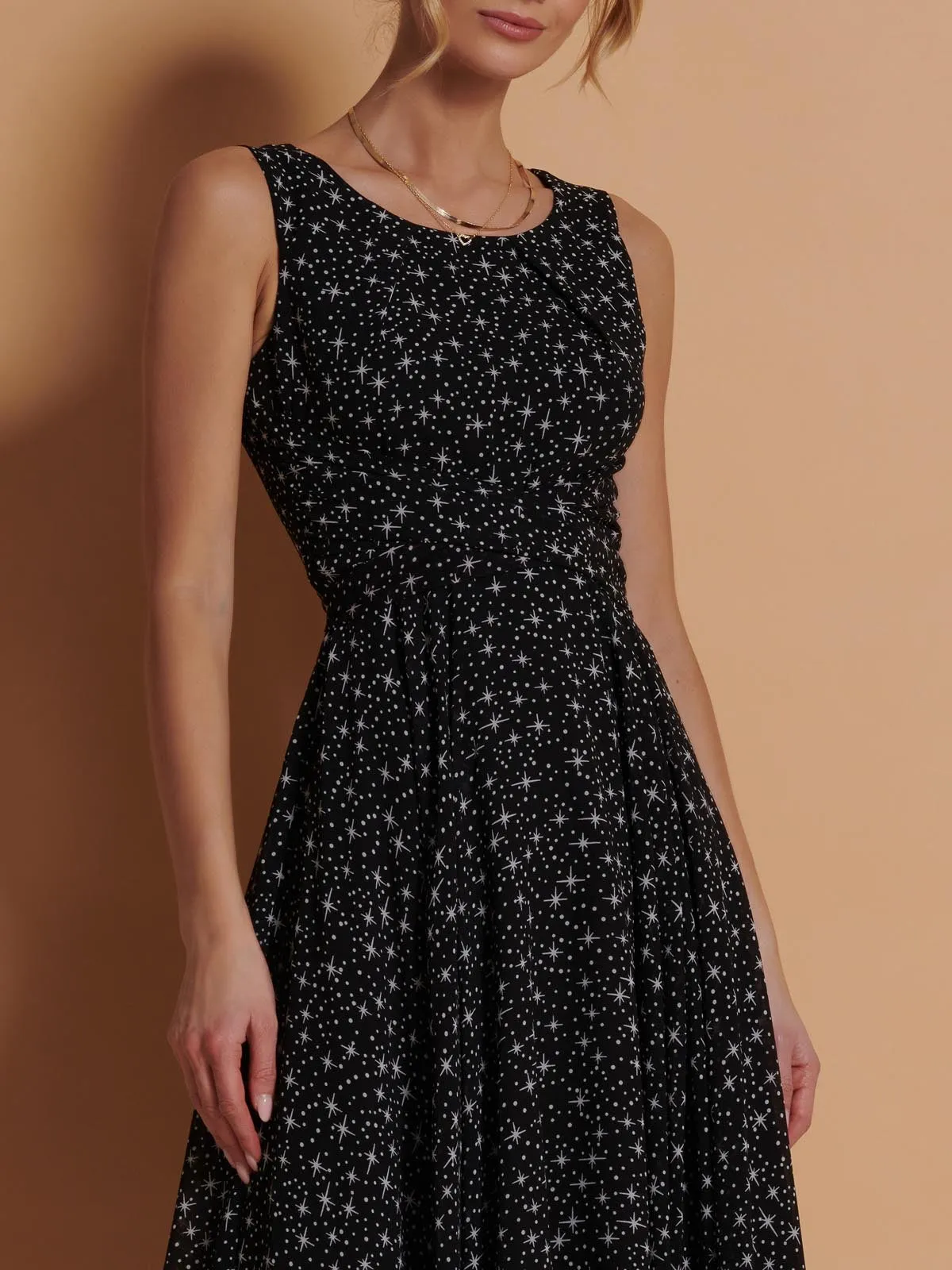 Printed Fit & Flare Dress, Black Star