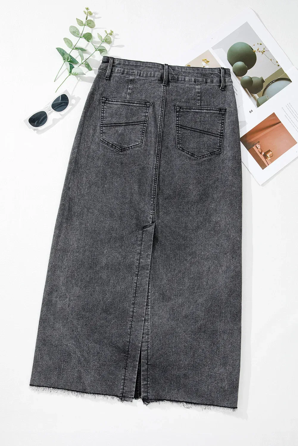 Raw Hem Denim Skirt with Pockets