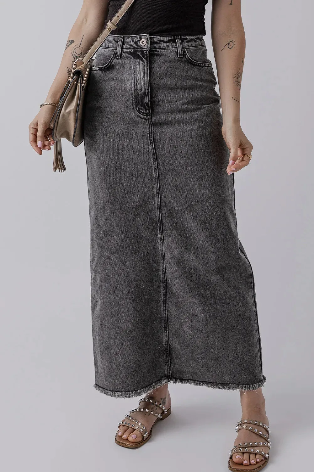 Raw Hem Denim Skirt with Pockets