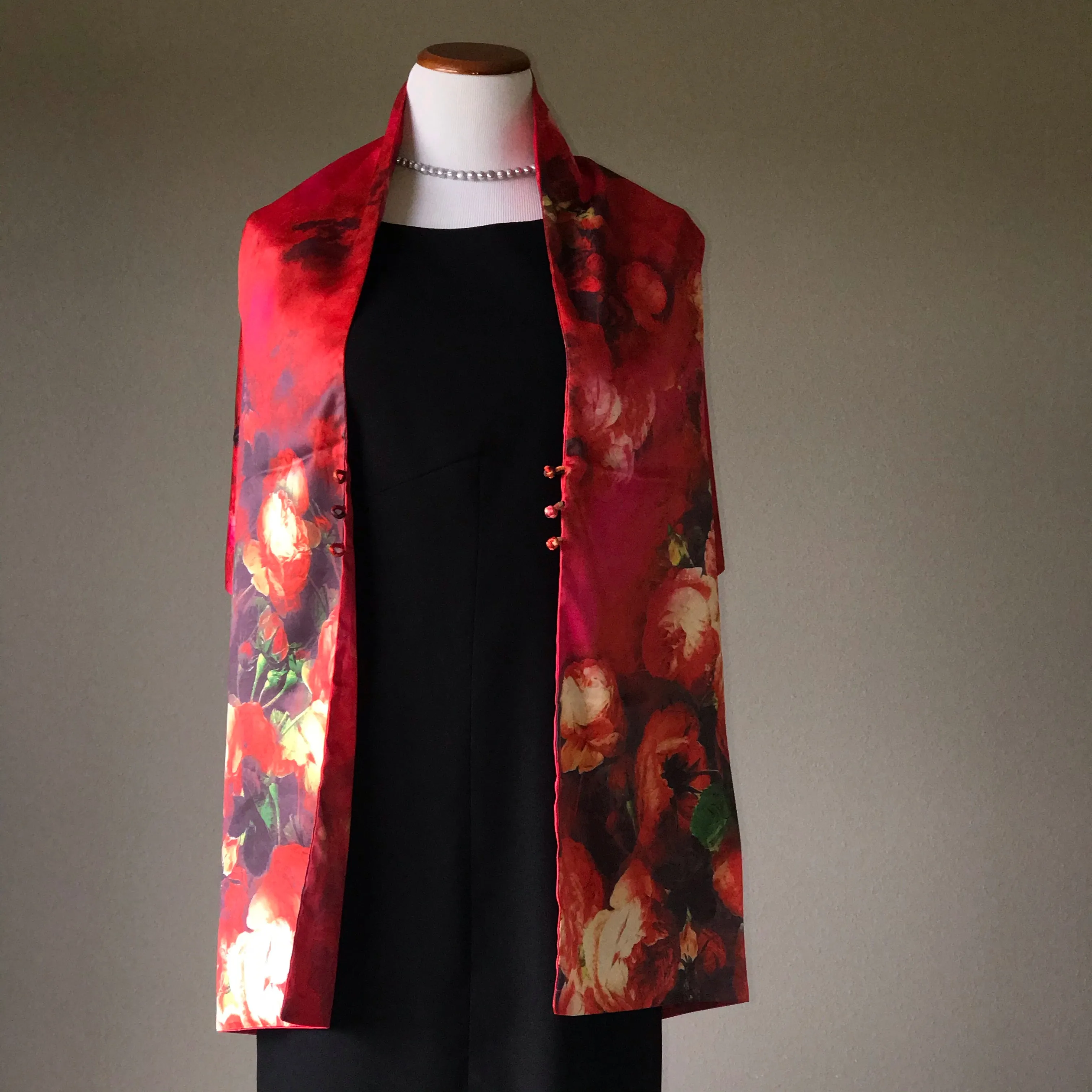 Red floral 100% Silk Satin smooth soft Long double fabric  Scarf with buttons