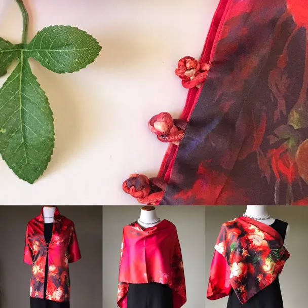 Red floral 100% Silk Satin smooth soft Long double fabric  Scarf with buttons