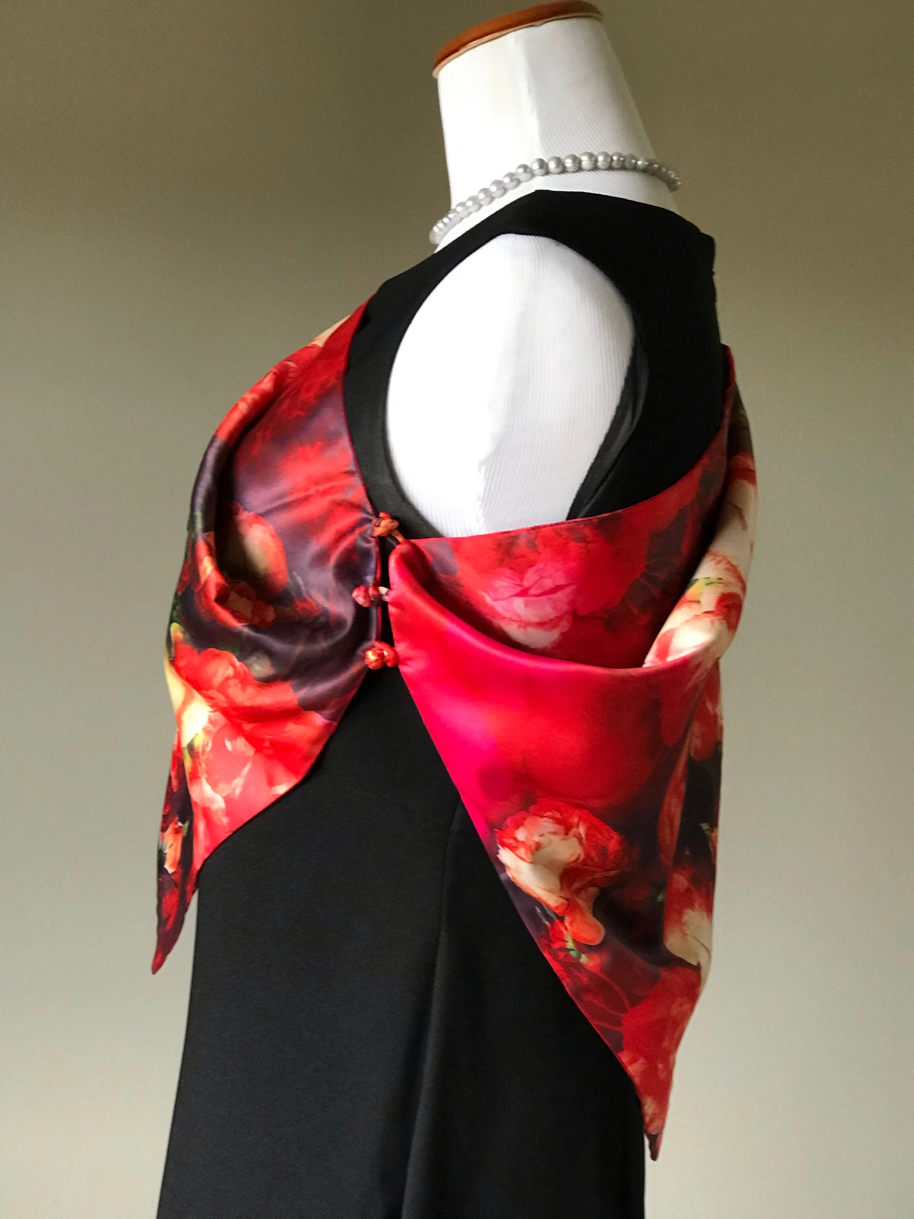 Red floral 100% Silk Satin smooth soft Long double fabric  Scarf with buttons