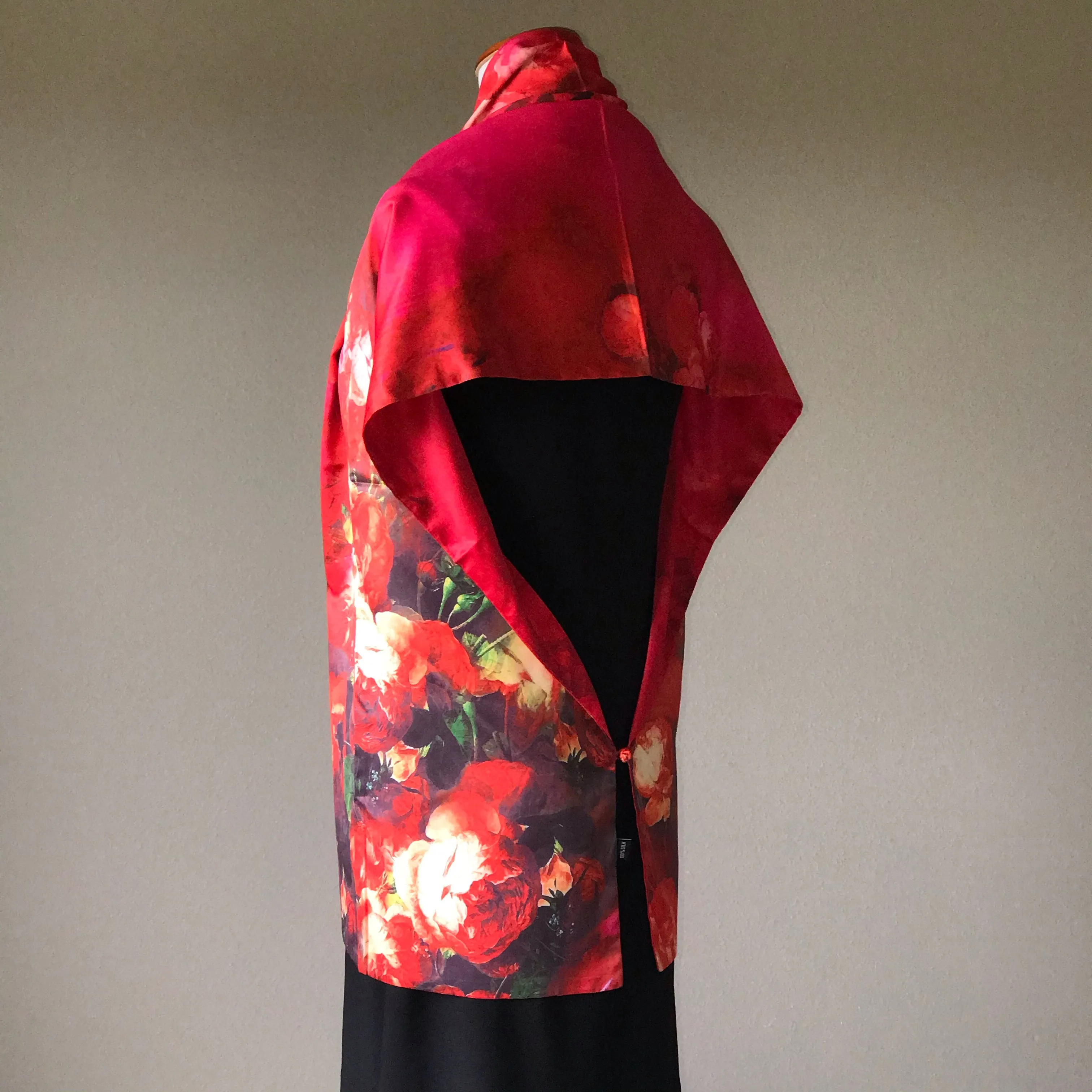 Red floral 100% Silk Satin smooth soft Long double fabric  Scarf with buttons