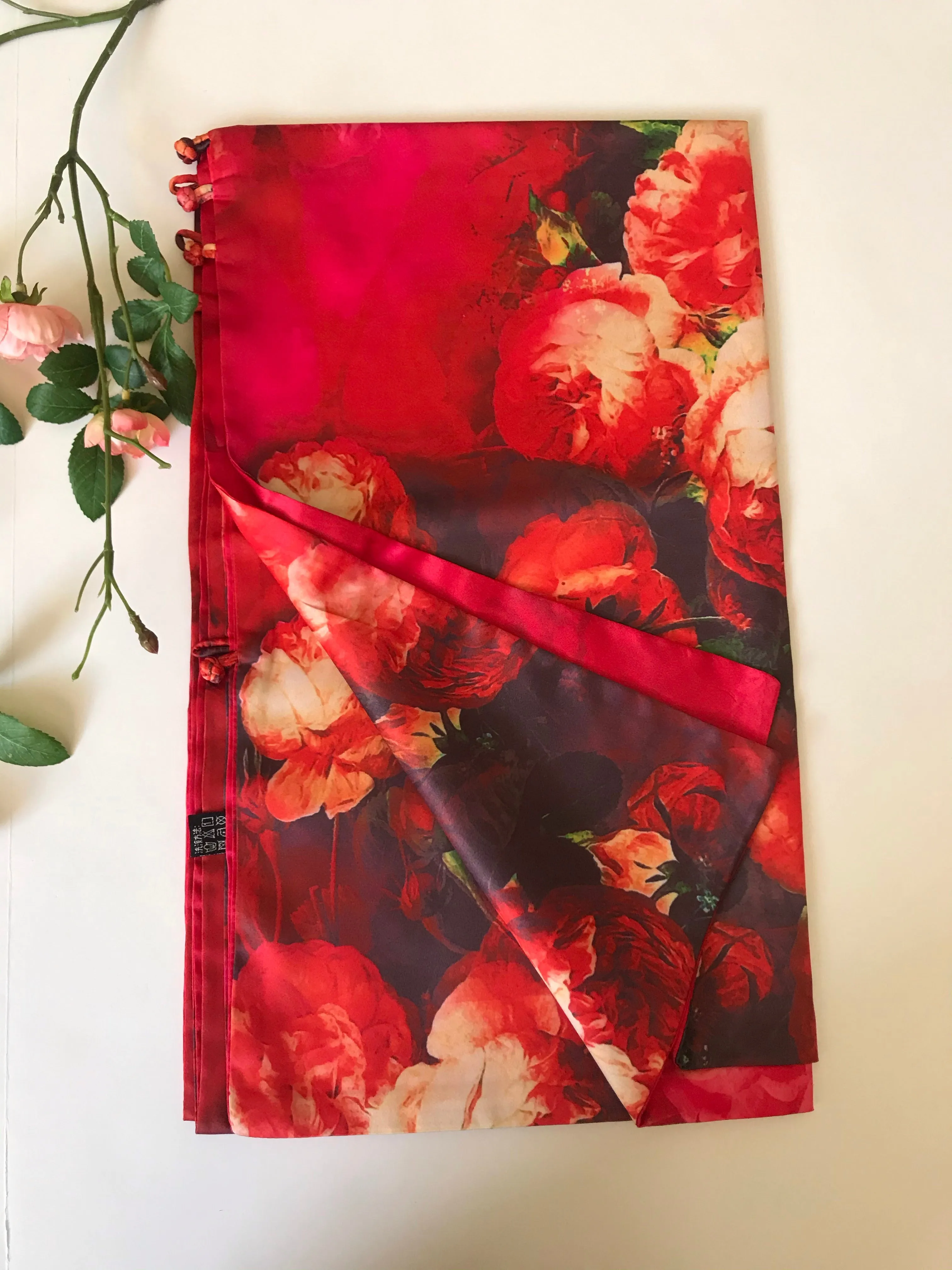 Red floral 100% Silk Satin smooth soft Long double fabric  Scarf with buttons