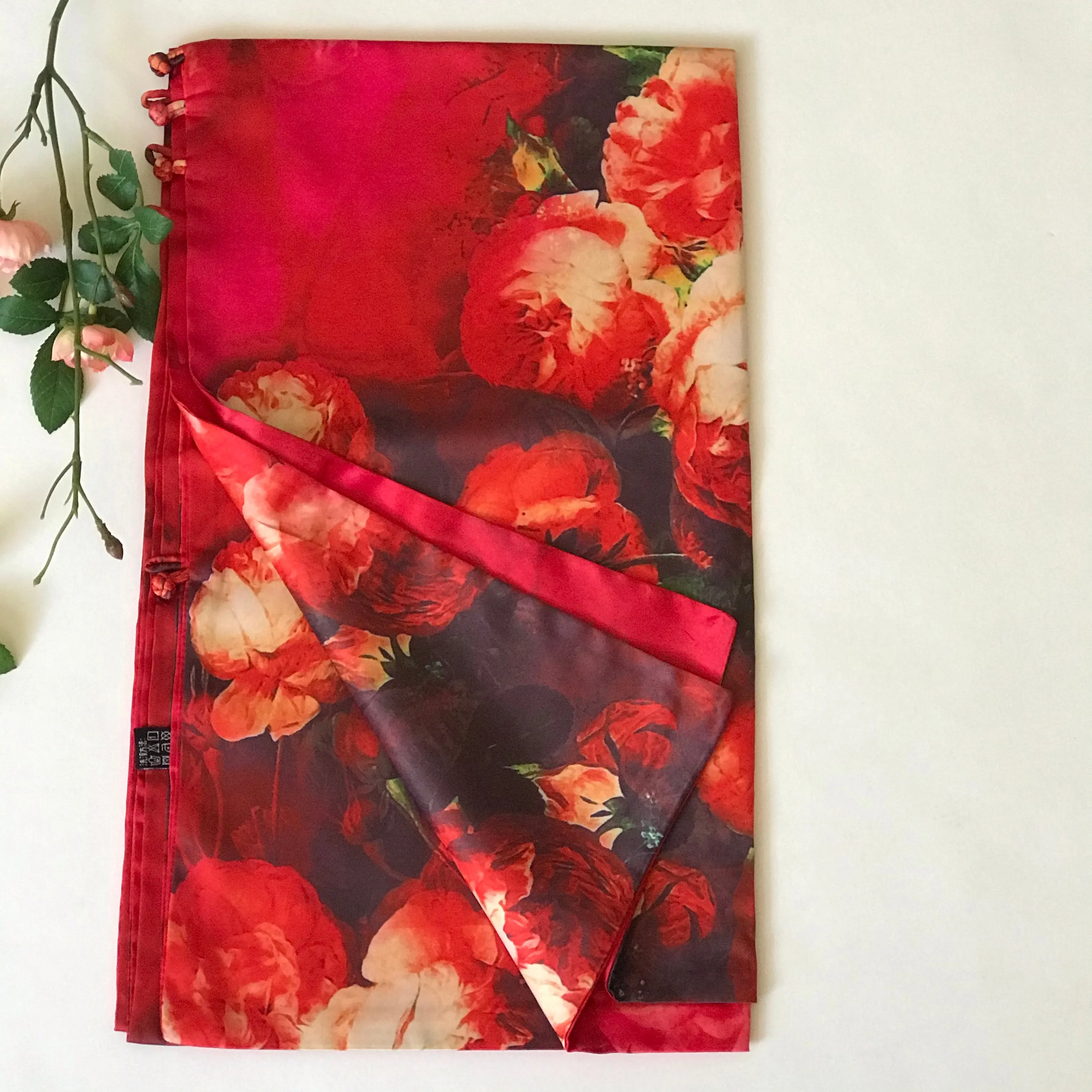 Red floral 100% Silk Satin smooth soft Long double fabric  Scarf with buttons