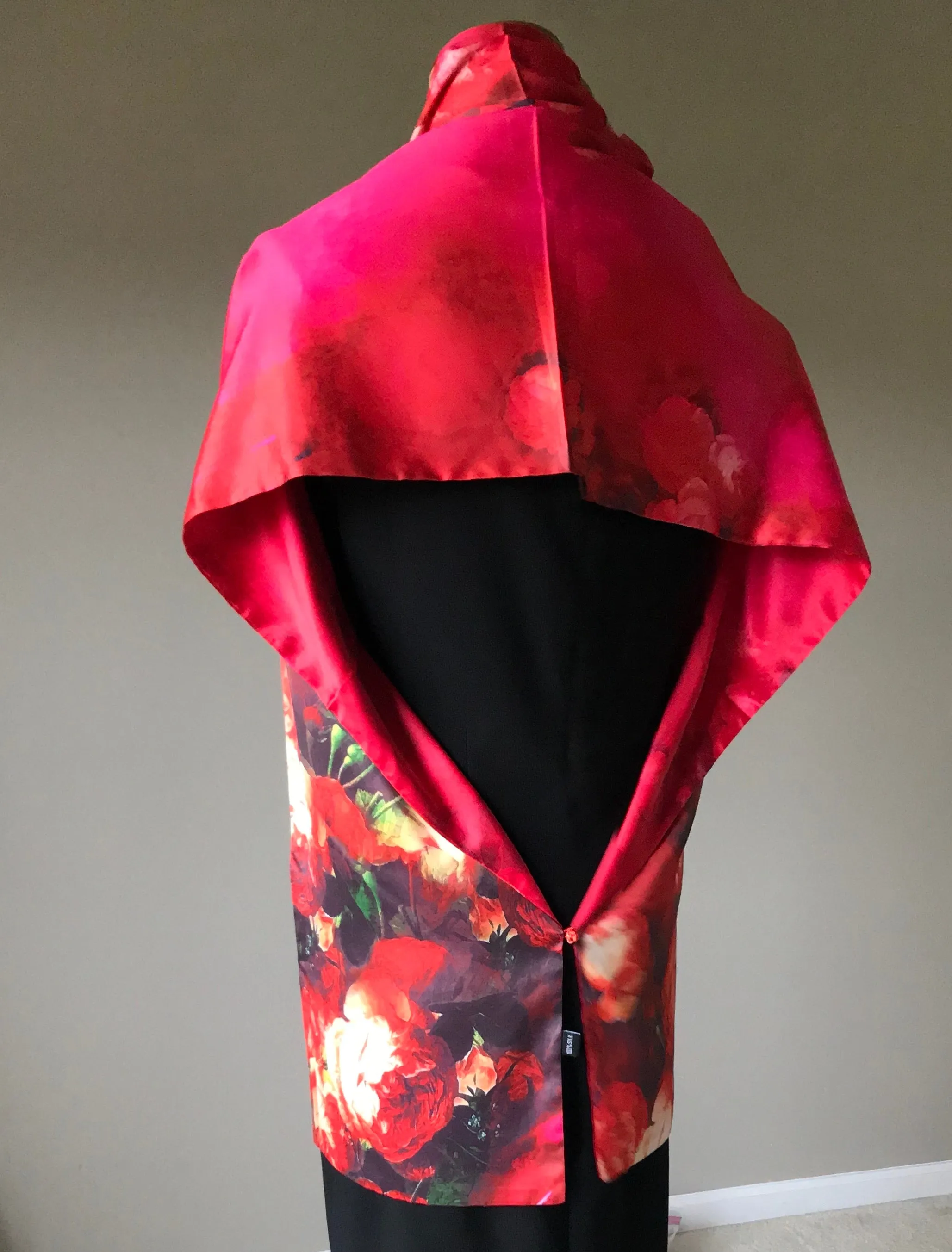 Red floral 100% Silk Satin smooth soft Long double fabric  Scarf with buttons