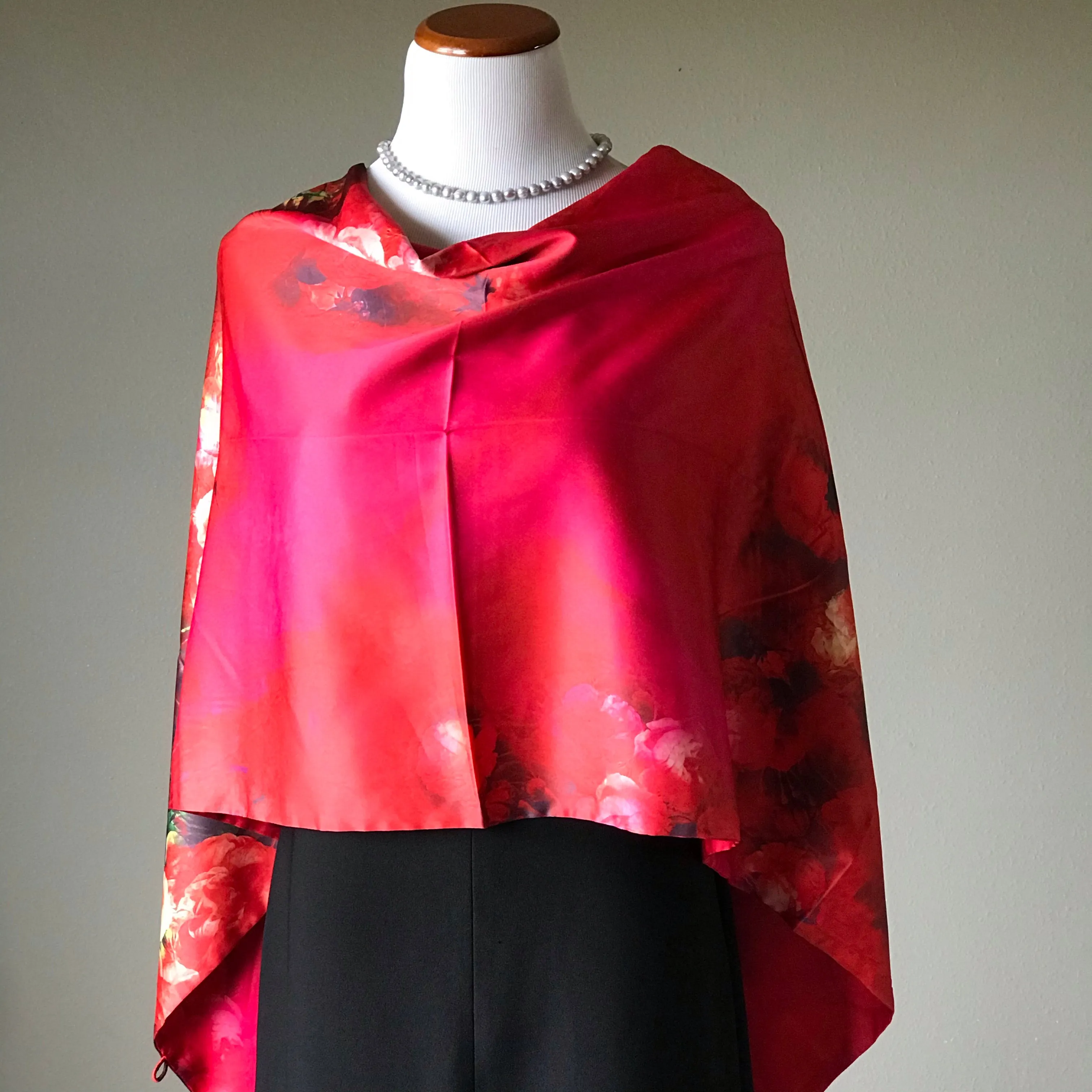 Red floral 100% Silk Satin smooth soft Long double fabric  Scarf with buttons