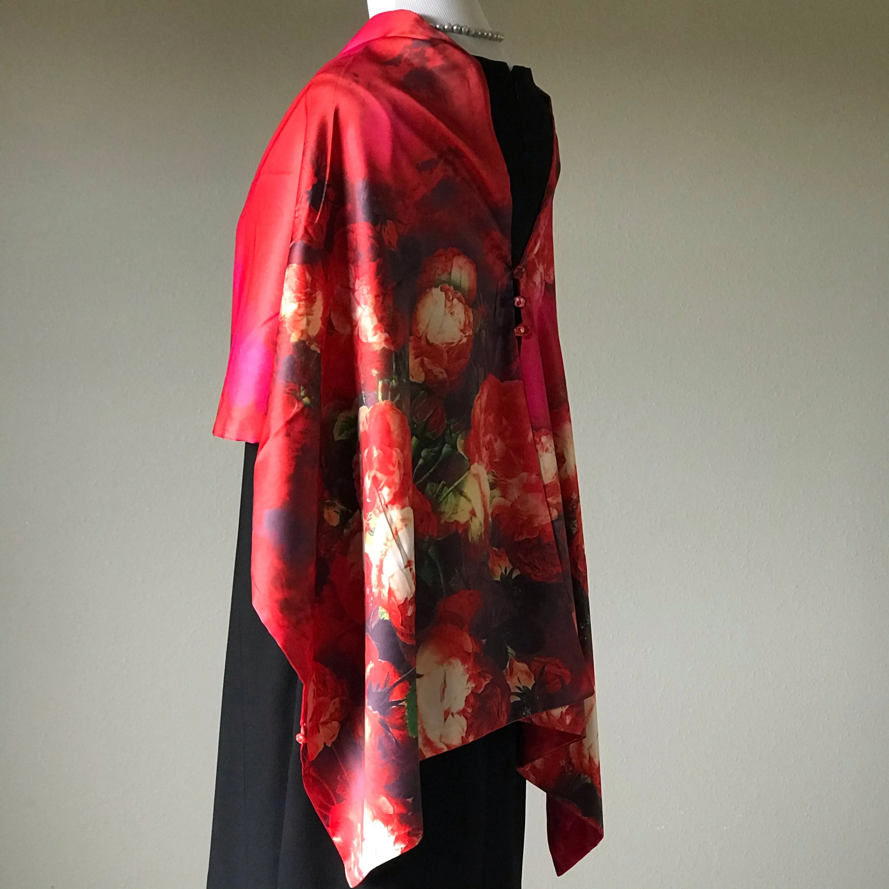 Red floral 100% Silk Satin smooth soft Long double fabric  Scarf with buttons