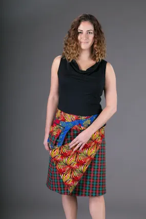 Reversible Cotton Corduroy Skirt Red Floral Tartan Print with Pocket