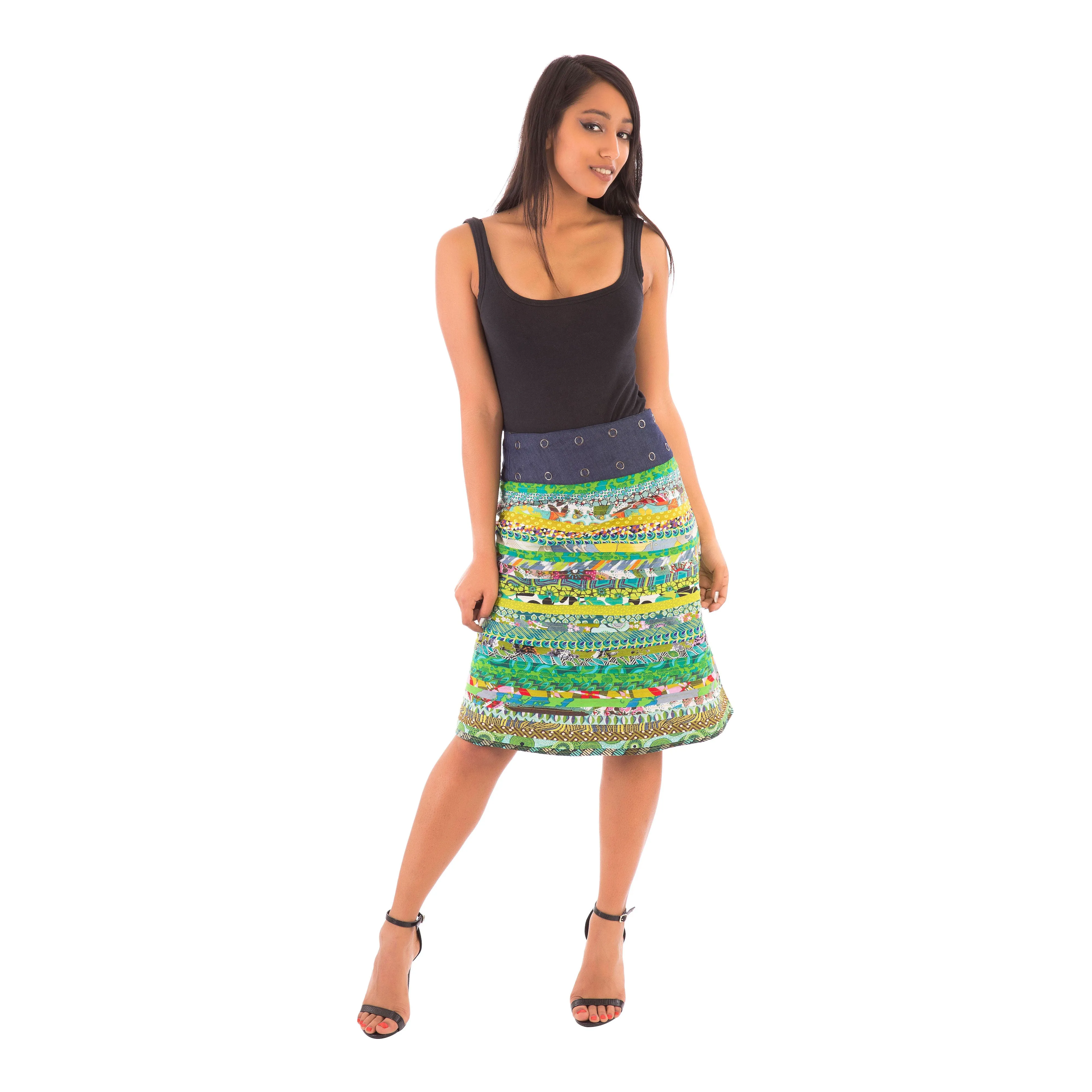 Reversible Cotton Skirt Green Patch with Green Blue Print and Denim Belt