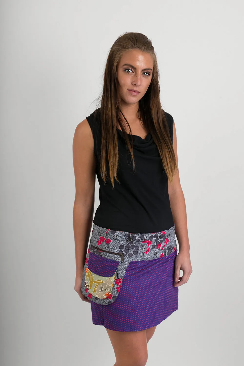 Reversible Cotton Skirt Orange Yellow Floral Purple Birds Grey Floral with Detachable Pocket