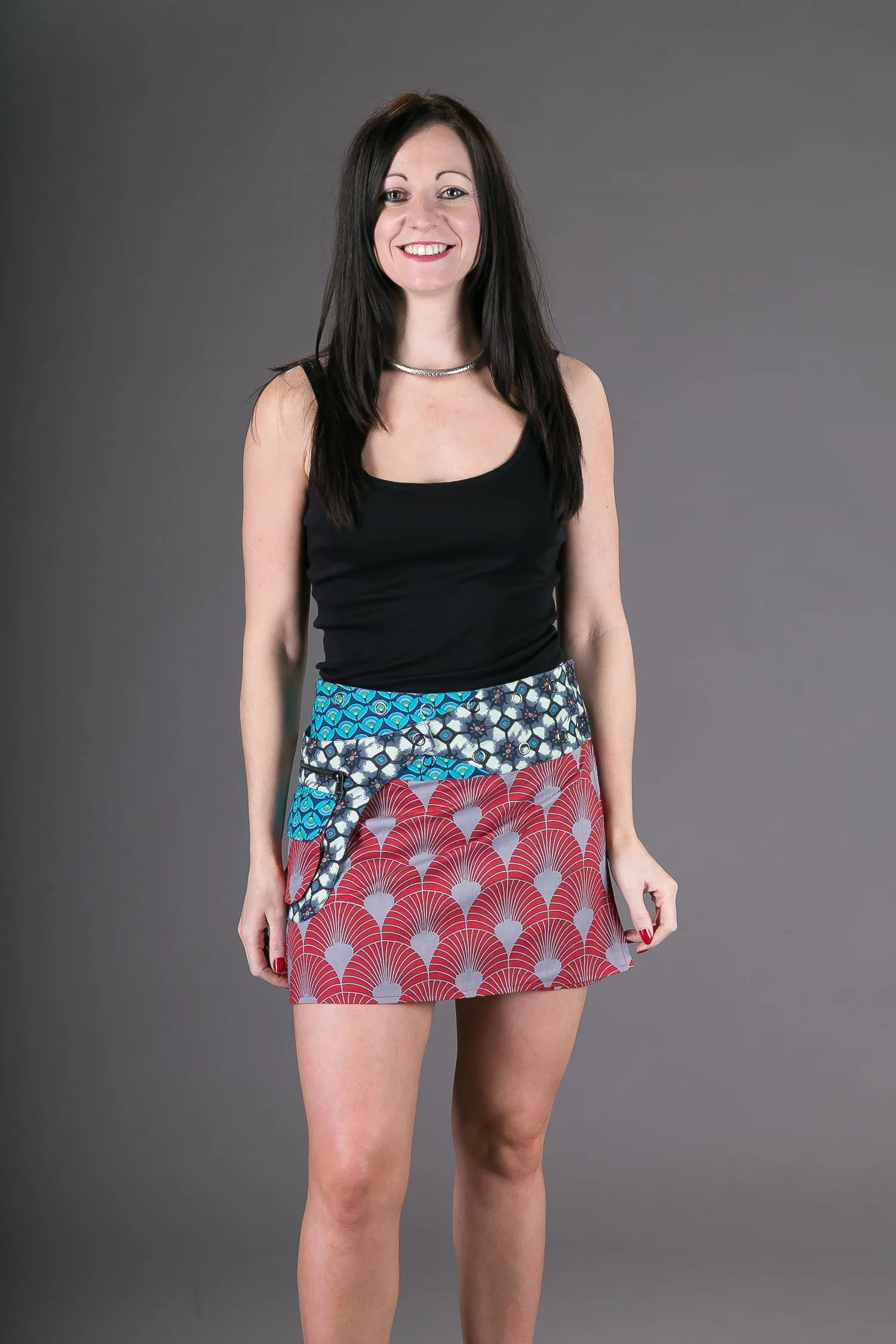 Reversible Cotton Skirt Red Grey Blue Print with Pocket