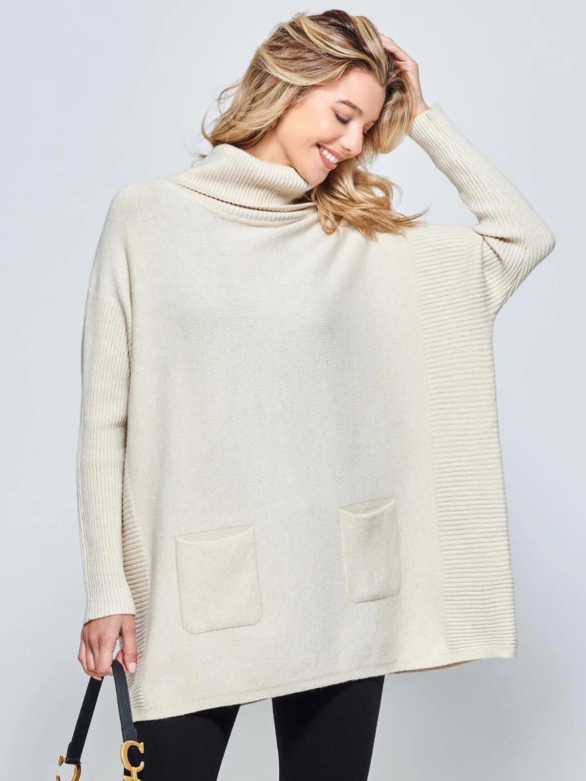 Roll Neck Pocket Front Knit Jumper, Beige Heather