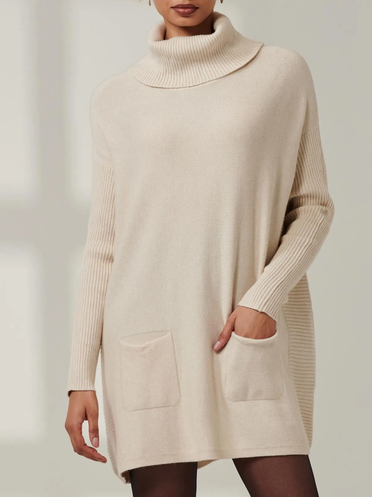 Roll Neck Pocket Front Knit Jumper, Beige Heather