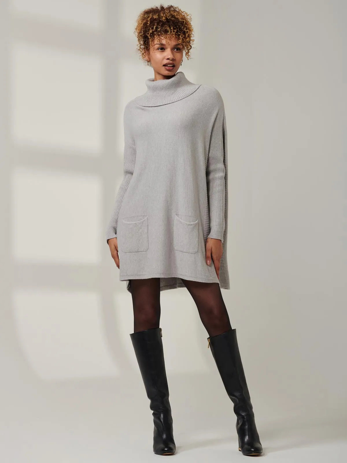 Roll Neck Pocket Front Knit Jumper, Grey Heather