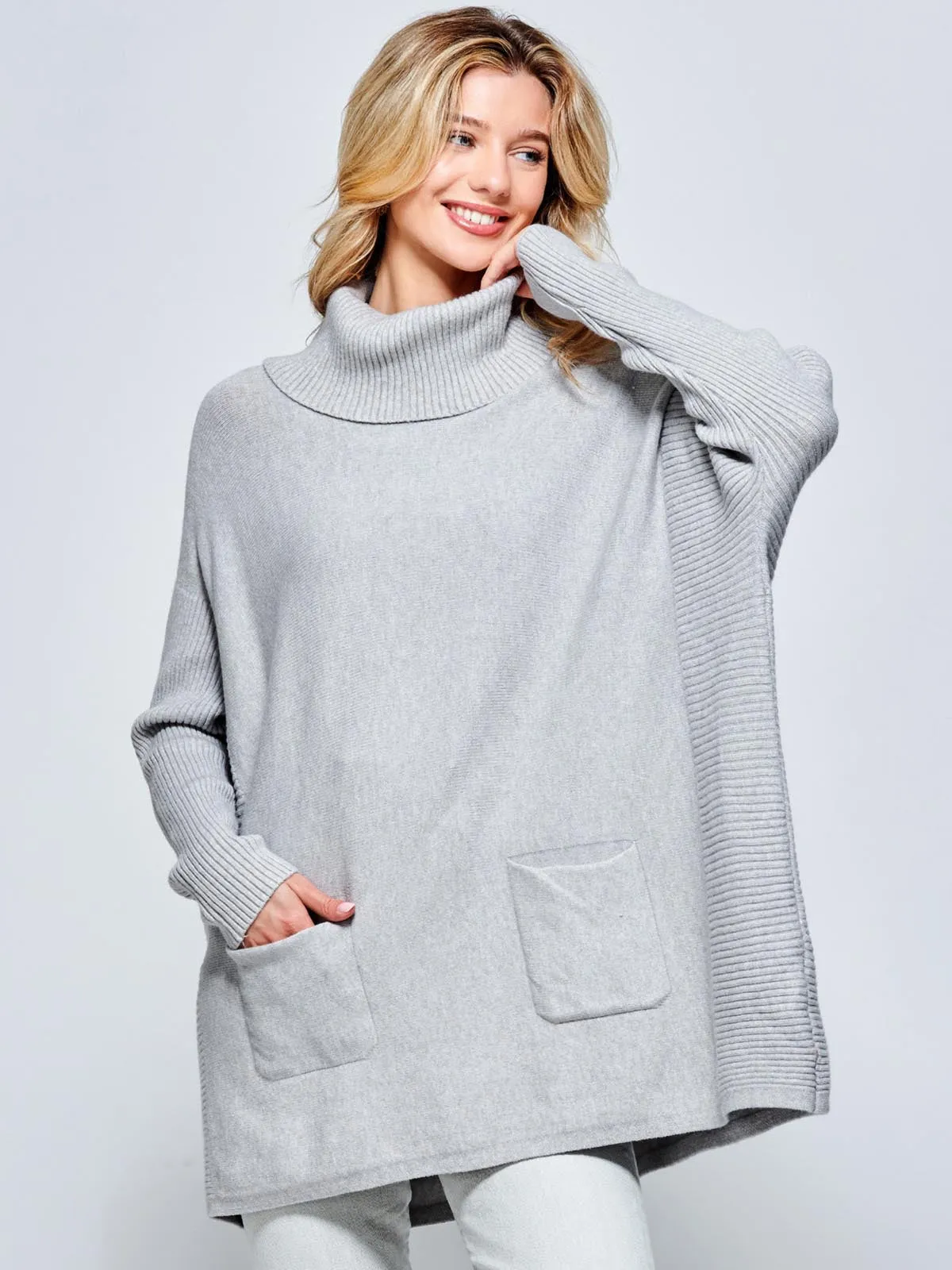 Roll Neck Pocket Front Knit Jumper, Grey Heather