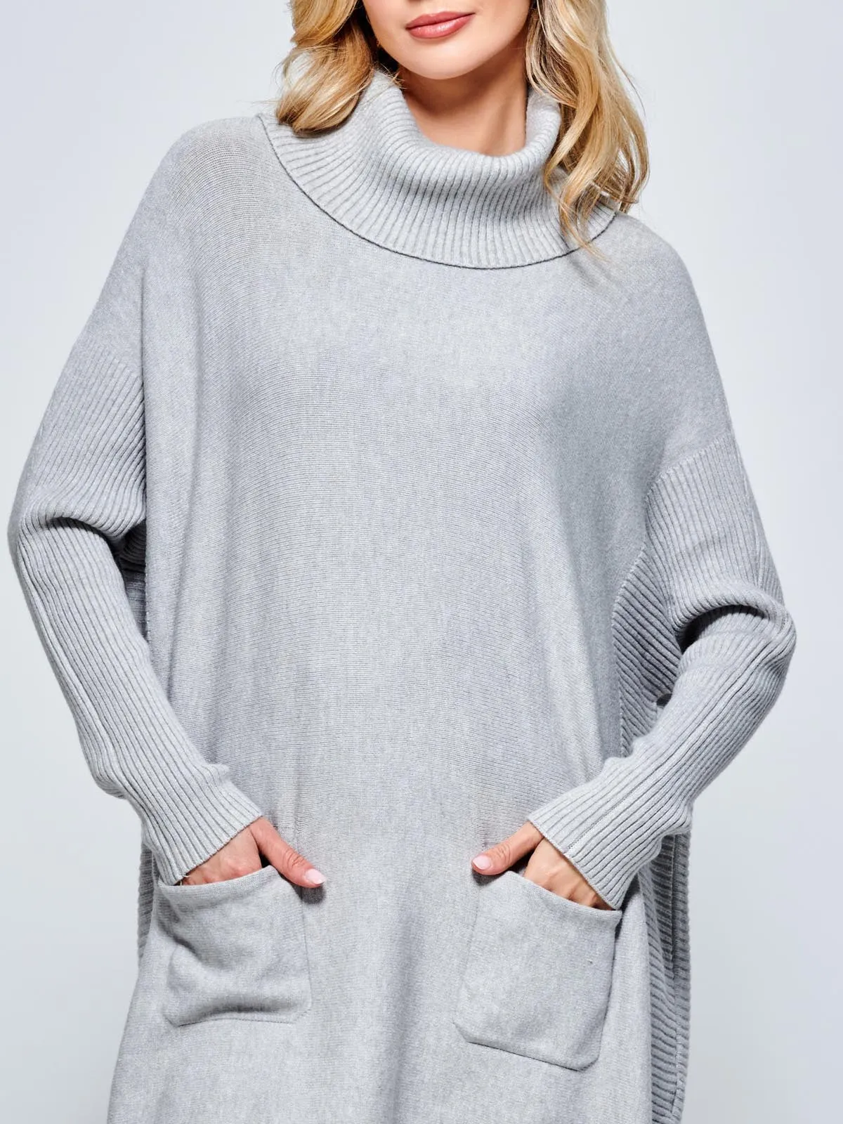 Roll Neck Pocket Front Knit Jumper, Grey Heather