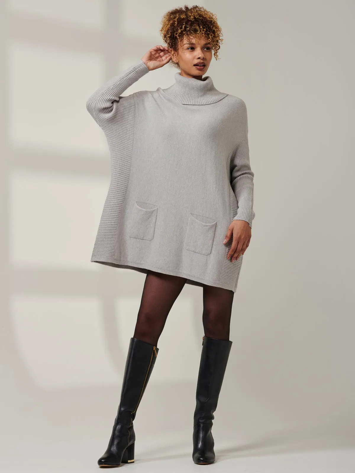 Roll Neck Pocket Front Knit Jumper, Grey Heather