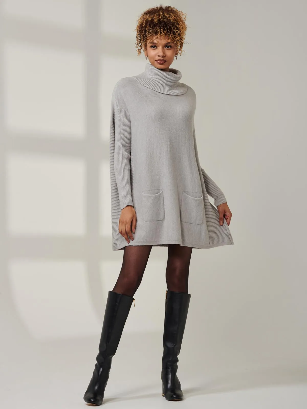 Roll Neck Pocket Front Knit Jumper, Grey Heather