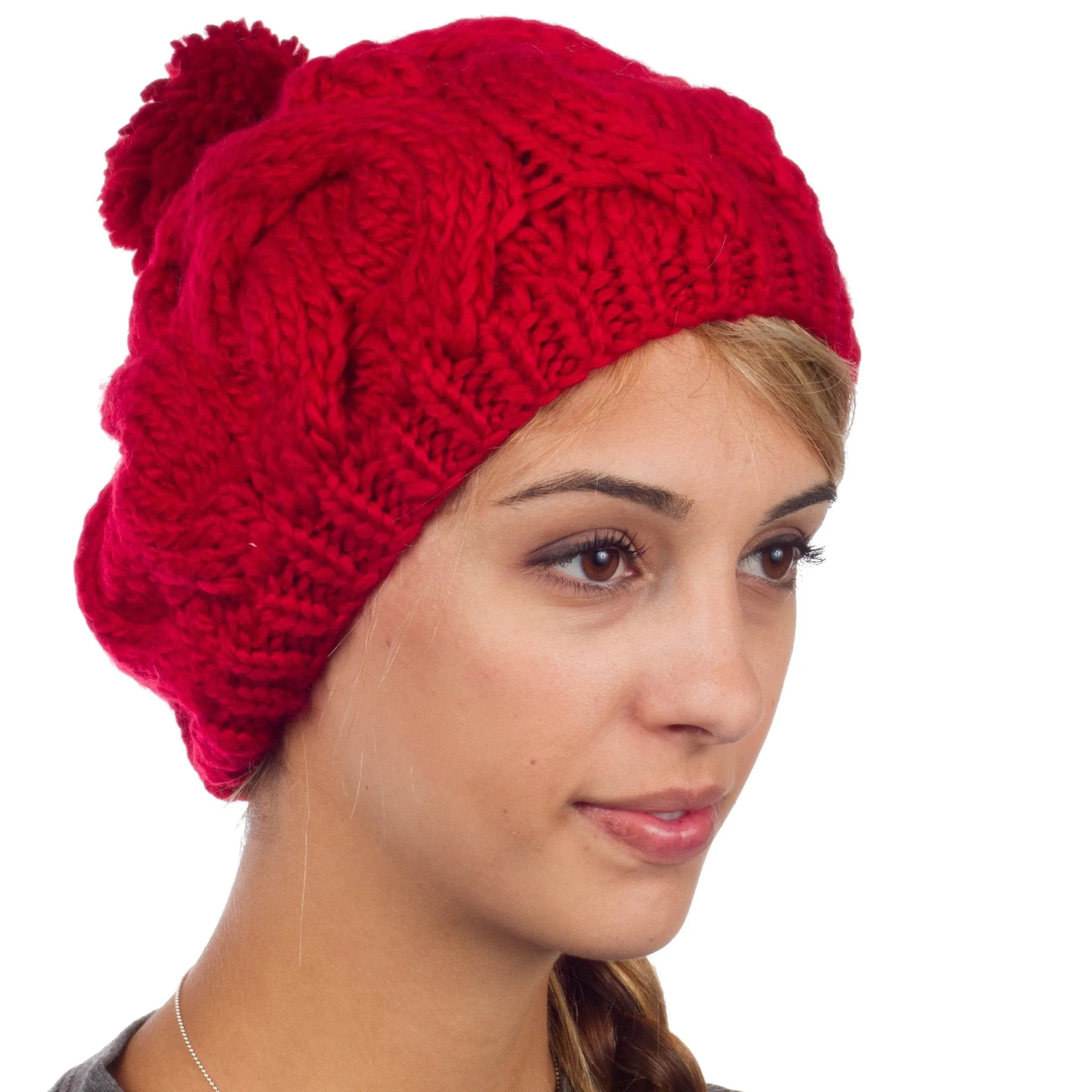 Sakkas Cable Knit Pom Pom Thick Slouch Hat