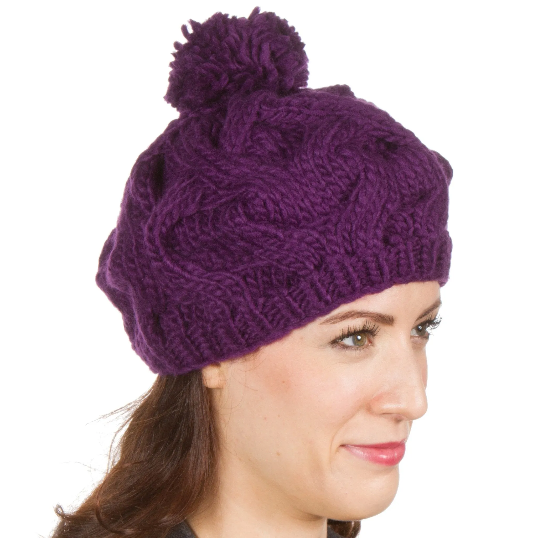 Sakkas Cable Knit Pom Pom Thick Slouch Hat