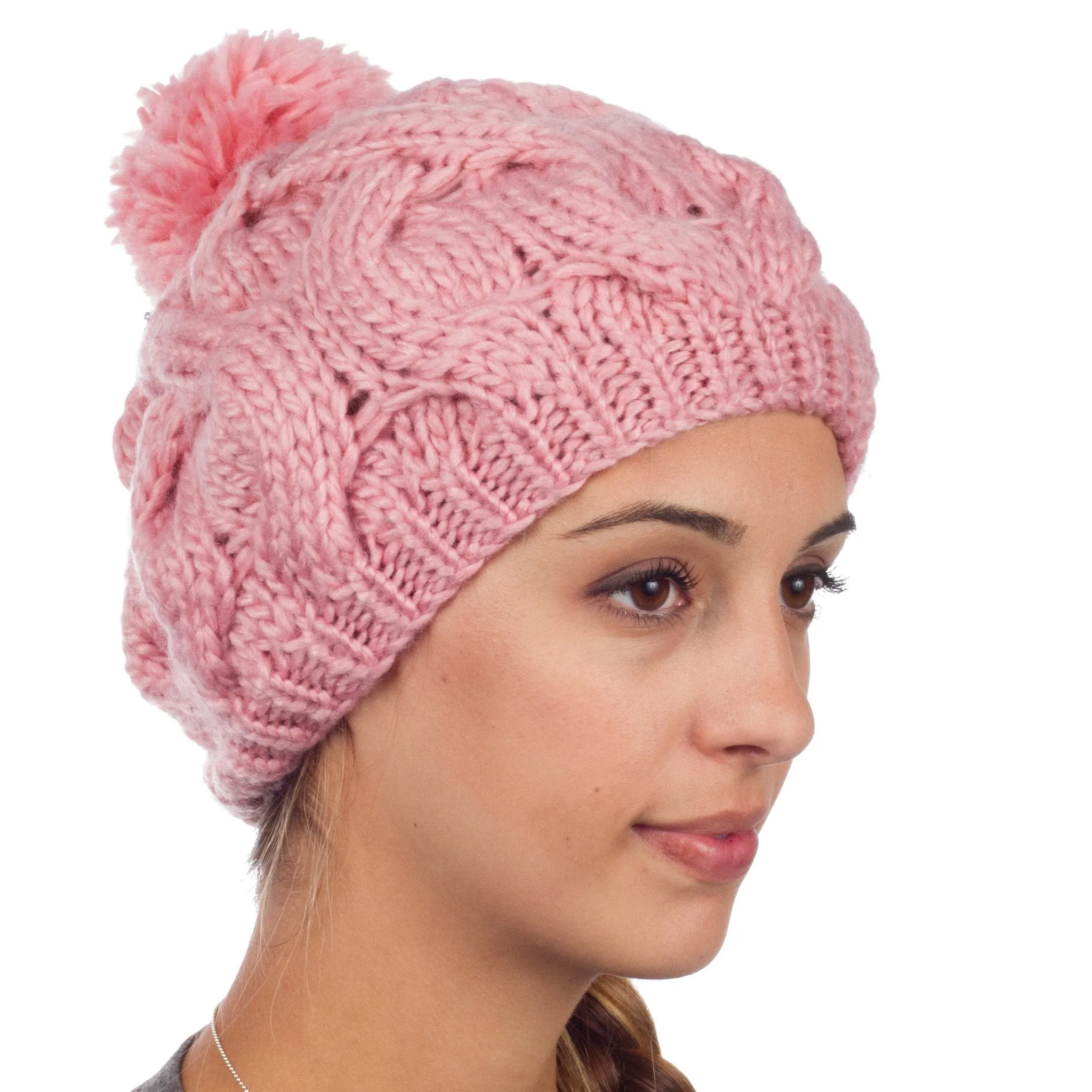 Sakkas Cable Knit Pom Pom Thick Slouch Hat