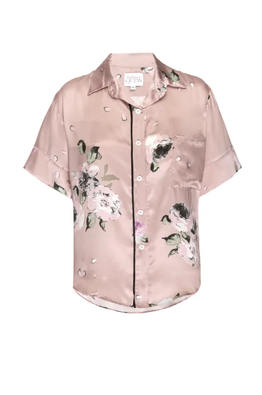 Silk Charmeuse Short Sleeved Top: Champagne Floral Print