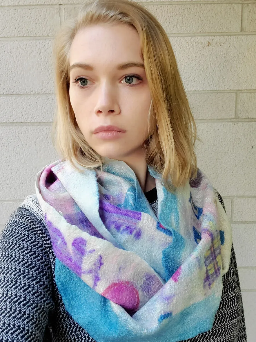 Silk Transfer Cutouts on Merino Wool Infinity  Scarf by Diane Lemire