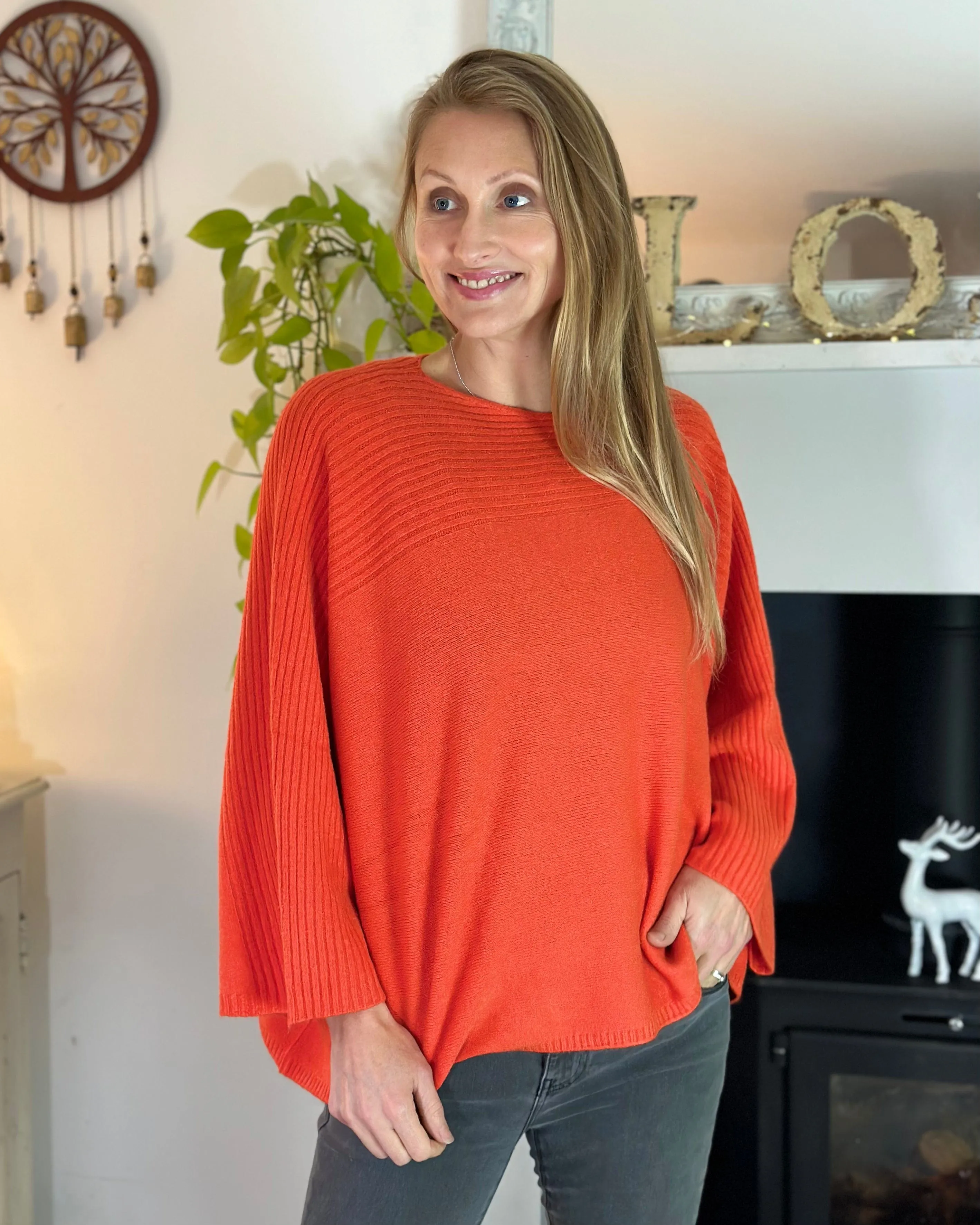 Slash Neck Ribbed Jumper - Dark Orange