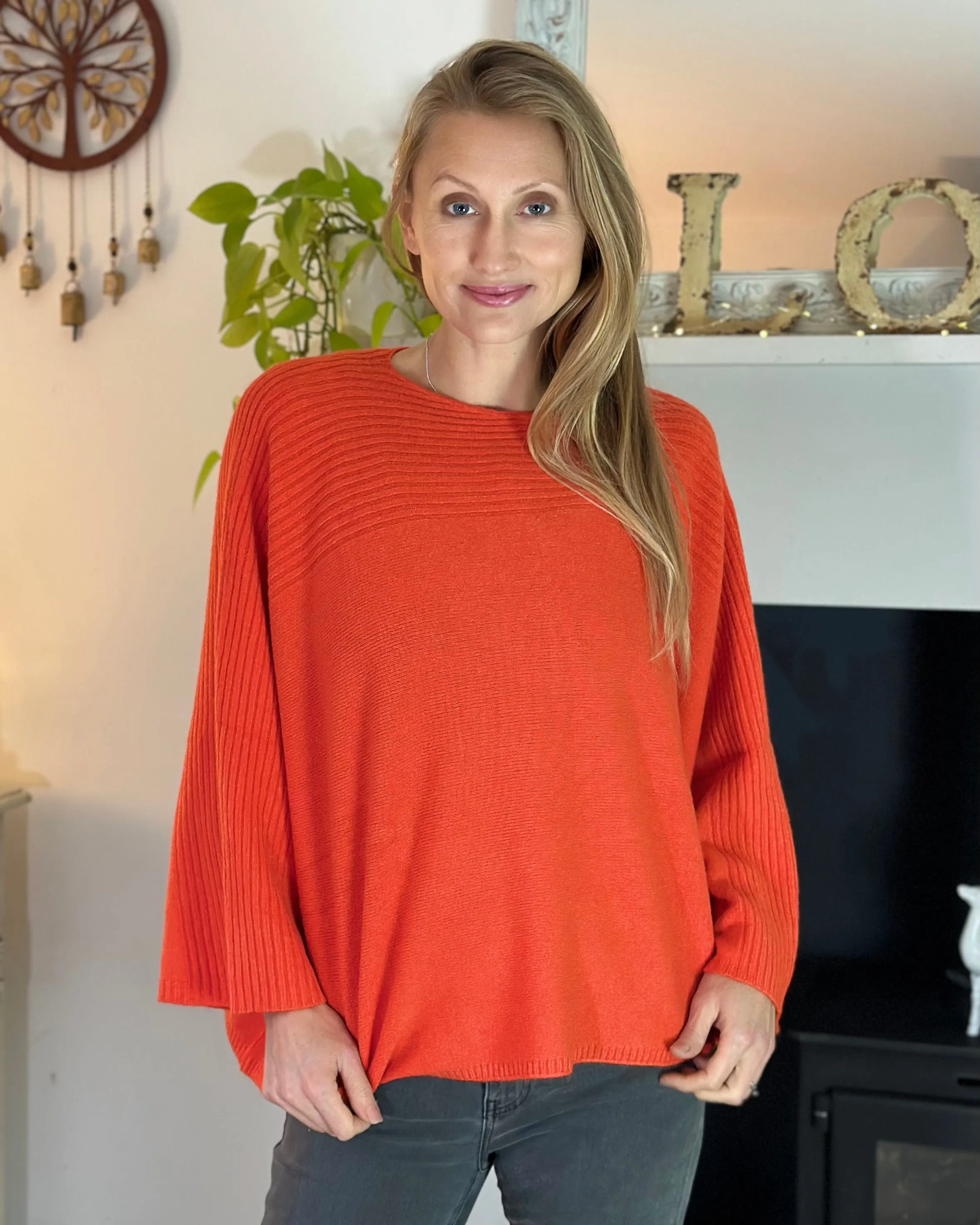 Slash Neck Ribbed Jumper - Dark Orange