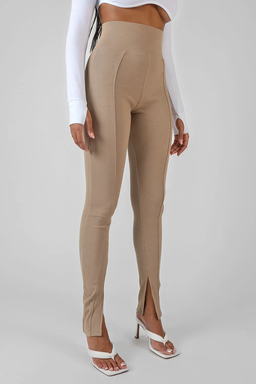 Split Hem Ribbed Legging Camel