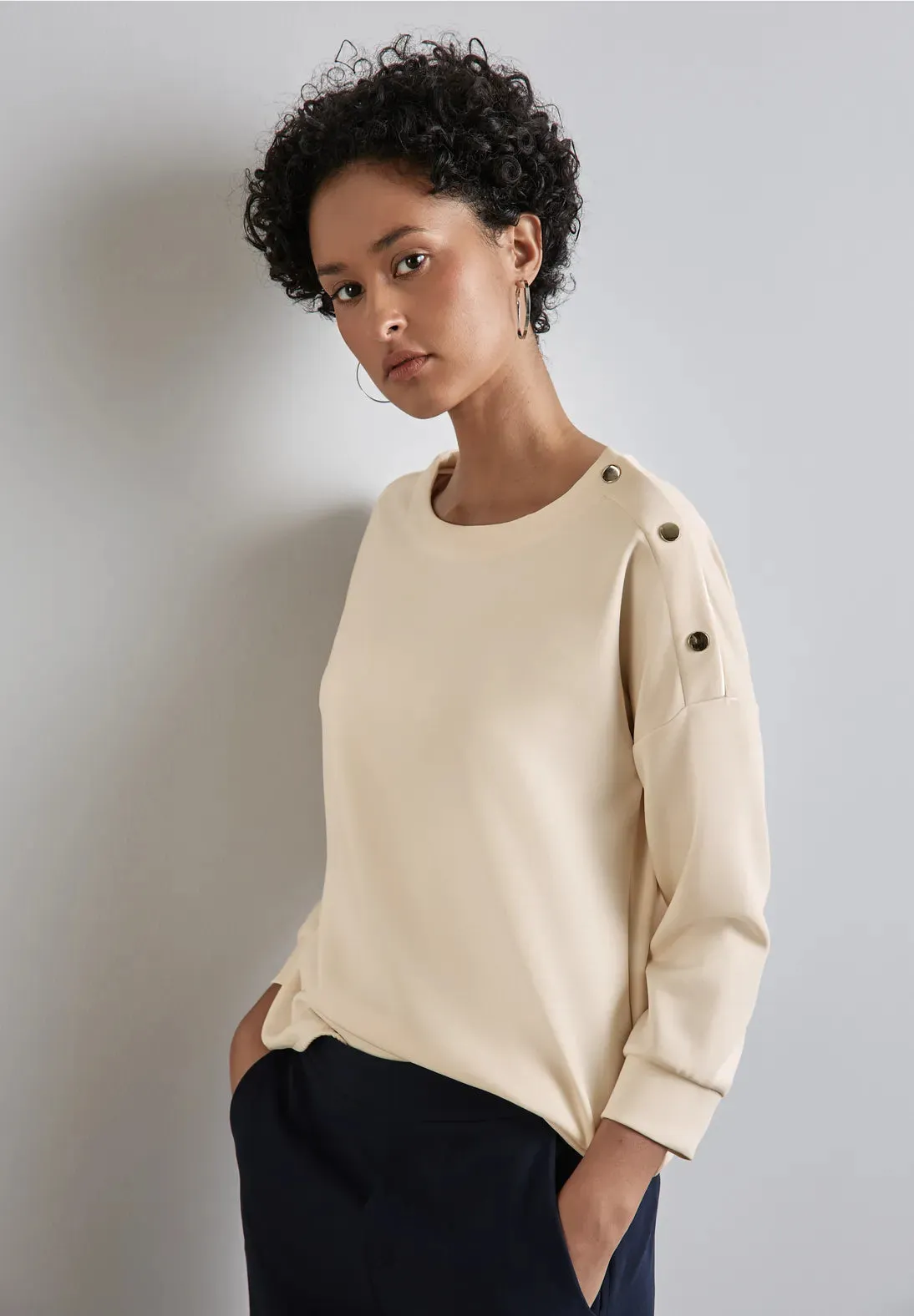 Street One Silk look sweatshirt with button shoulder detail