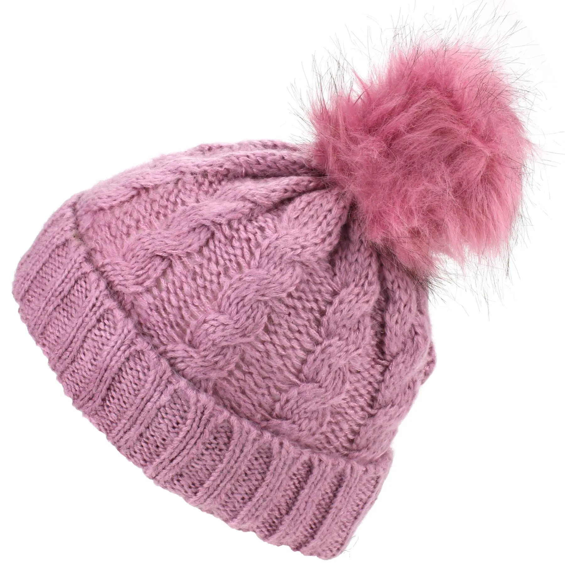 Twisted Rib Knitted Hat with Matching Colour Bobble - Dark Pink