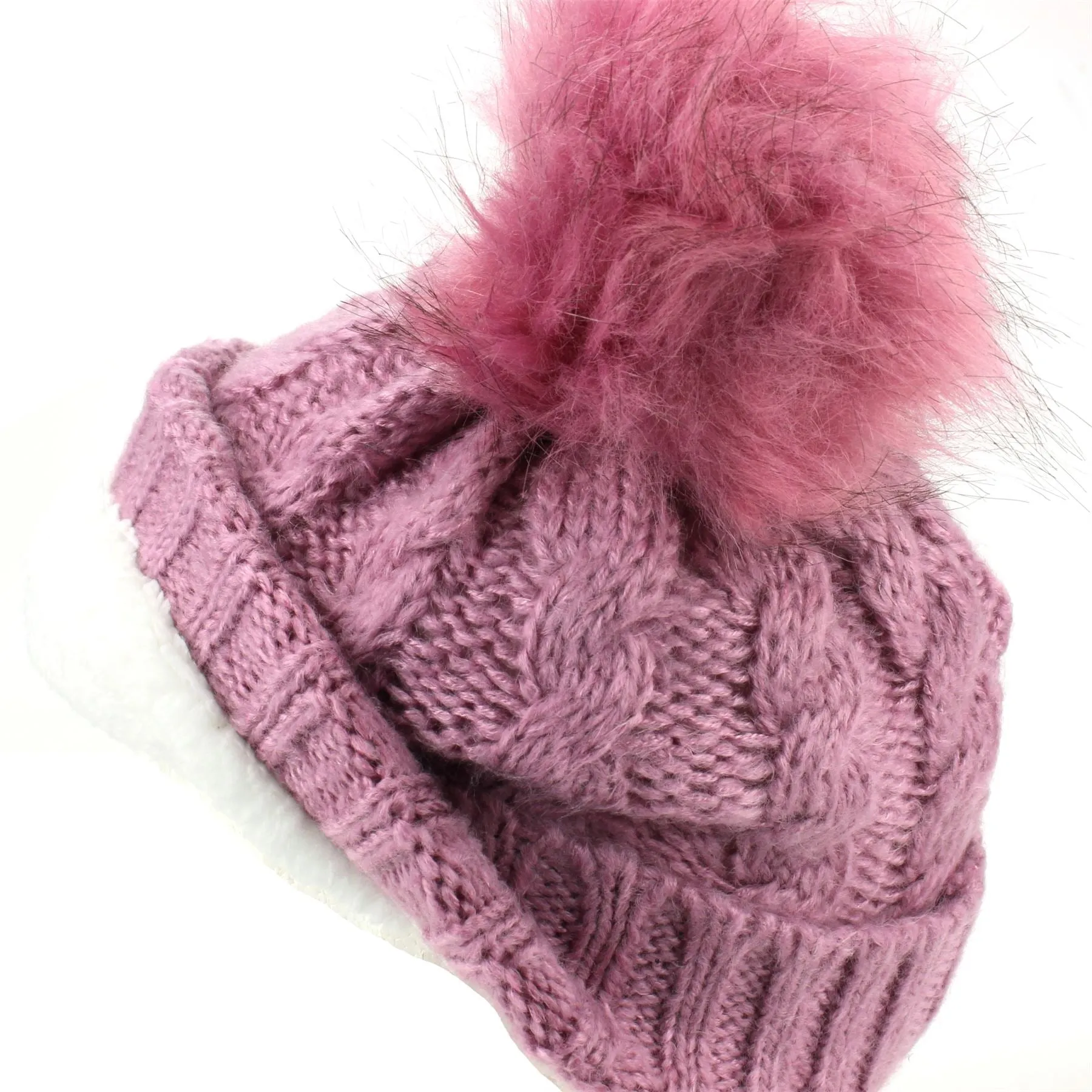 Twisted Rib Knitted Hat with Matching Colour Bobble - Dark Pink